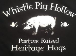 logo: a black and white hog, Whistle Pig Hollow above and below: Pasture Raised Heritage Hogs